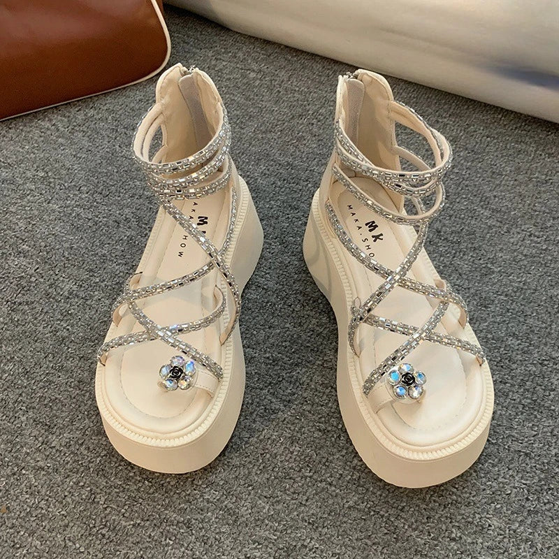 Women's Roma Wedge Platform Sandals – Rhinestone Flower Heels Platform Wedge Sandals Axl