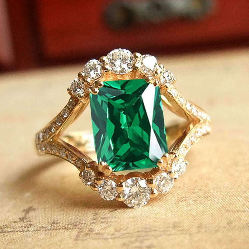 Huitan Green Cubic Zirconia Square Ring | Gold Fashion Jewelry Fashion Ring Axl Q385 7