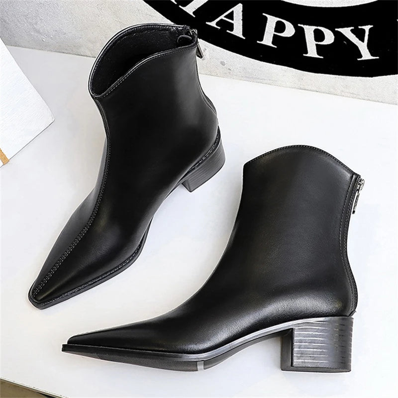 Women's Pointed Toe Ankle Boots – Square Heel Zipper Street Style Ankle Boots Axl