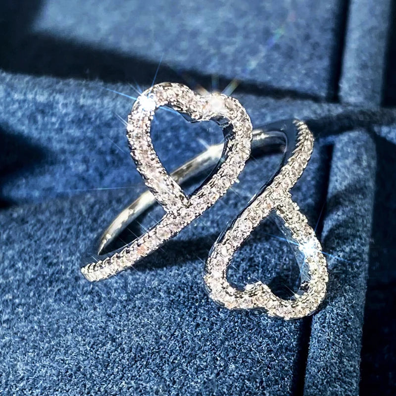 Huitan Double Heart CZ Adjustable Ring | Women's Fashion Ring Fashion Ring Axl