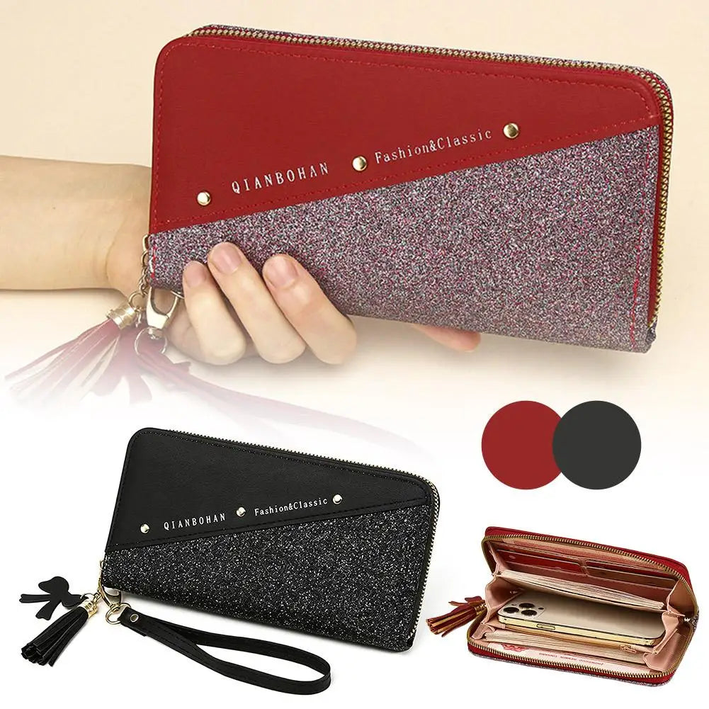 Women's Glitter PU Leather Wallet – Tassel Zipper Clutch Purse Women's Clutch Wallet Axl