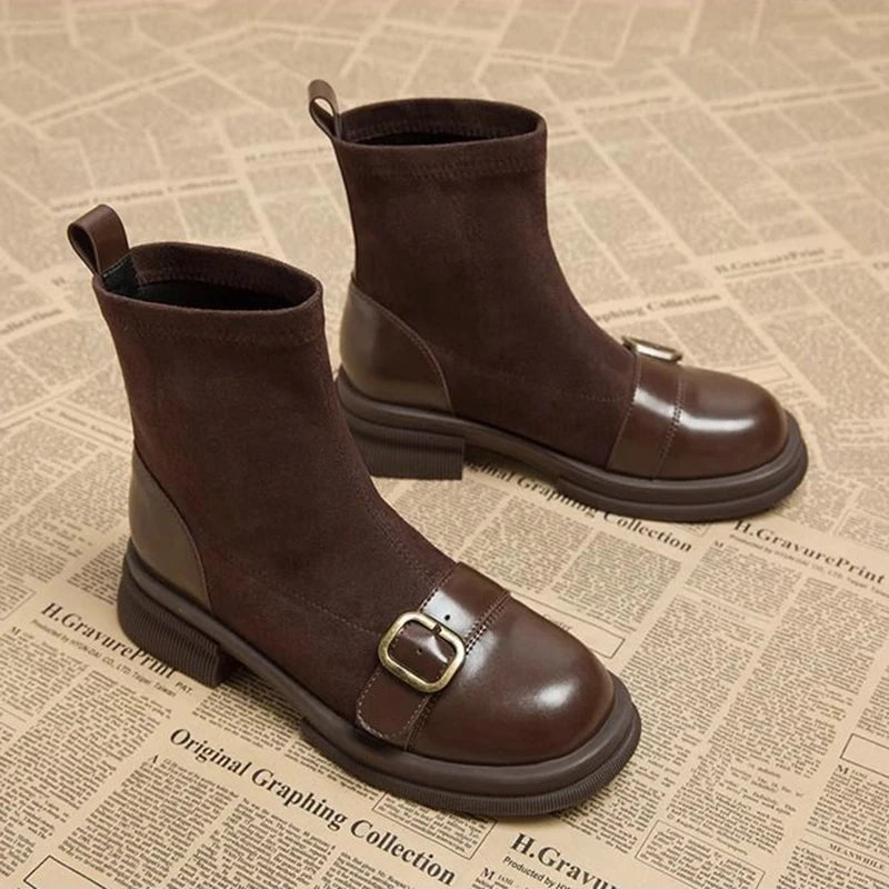 Women's Square Toe Knit Sock Ankle Boots – Medium Heel Women's Ankle Boots Axl brown 38