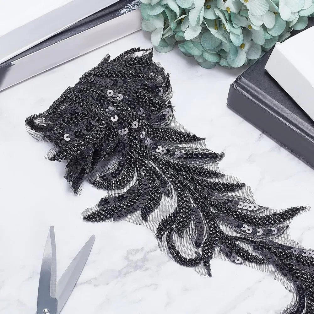 Black Sequin Beaded Lace Trim Ribbon – 1 Yard, 125mm Wide Sequin Lace Trim Axl