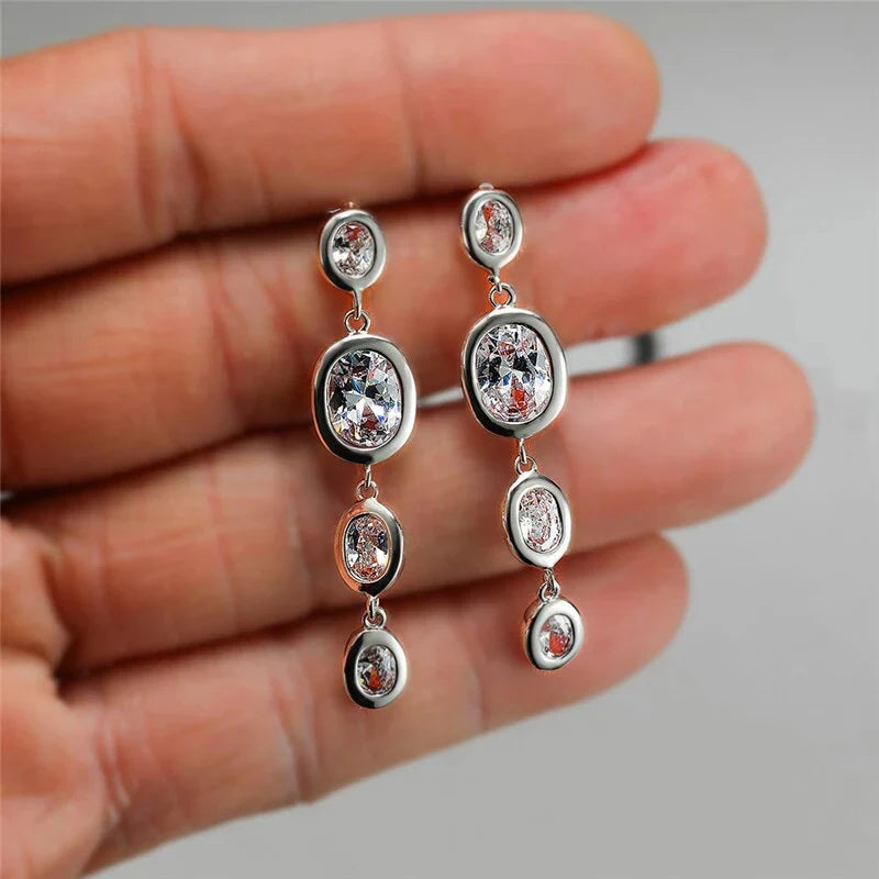 Huitan Long Drop Earrings – Oval CZ Silver Bridal Jewelry Drop Earrings Axl