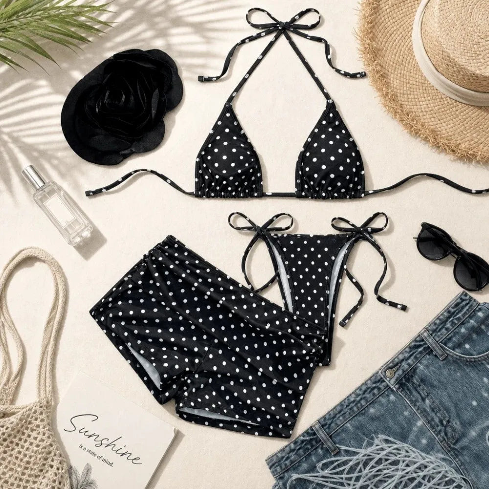 Women's 3-Piece Halter Bikini Set – Deep V Lace-Up Swimsuit 3-Piece Bikini Set Axl