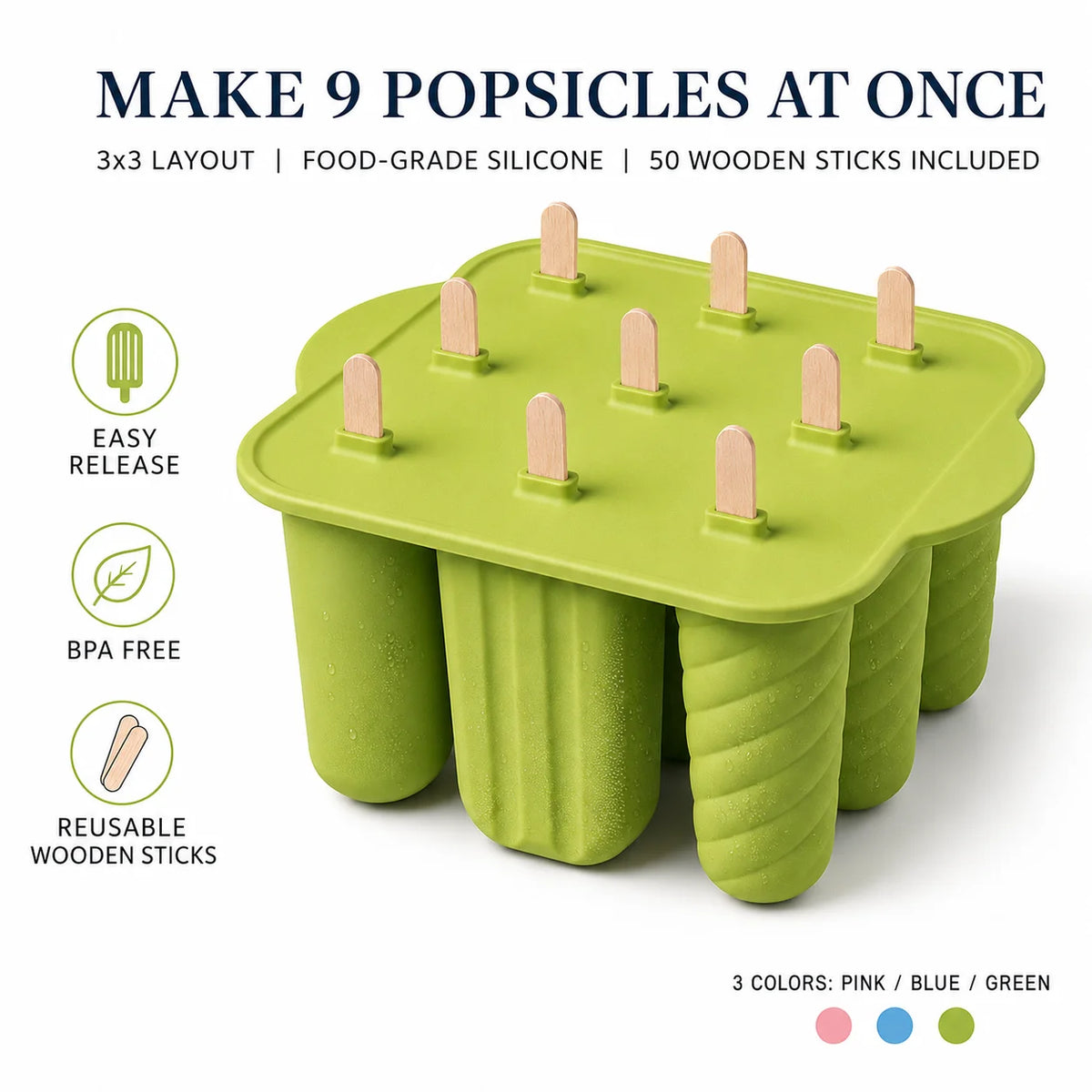 9-Cavity Silicone Popsicle Mold with 50 Wooden Sticks Ice Pop Mold Axl