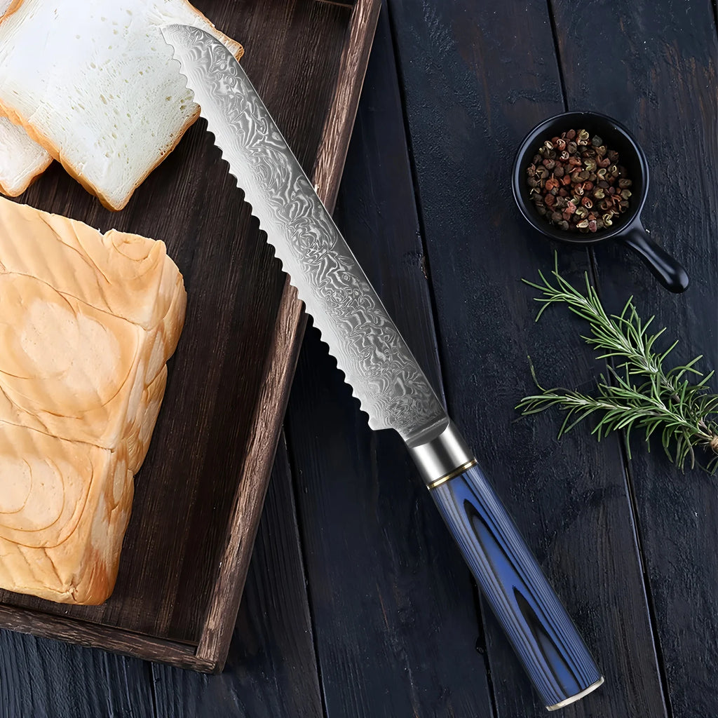 67-Layer Damascus Steel Serrated Bread Knife – Ergonomic Serrated Bread Knife Axl Bread Knife