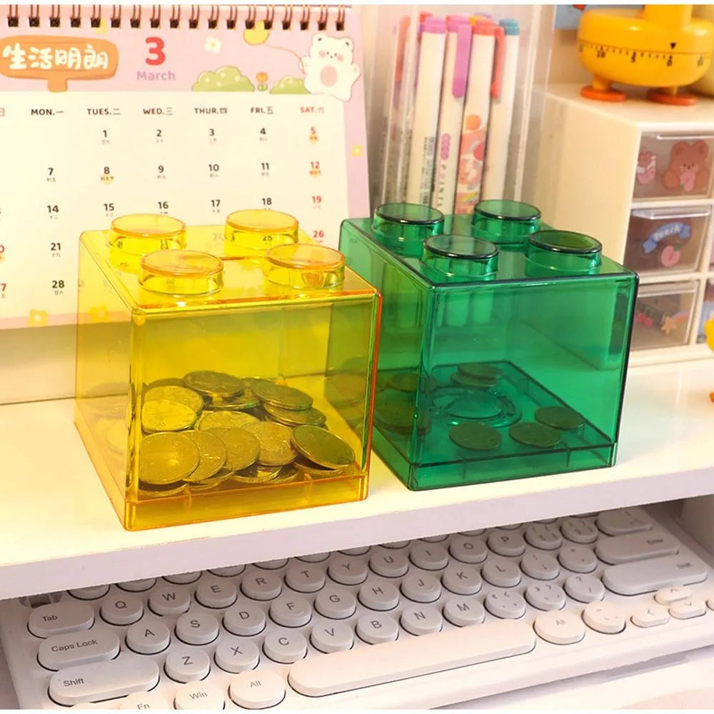 Building Block Piggy Bank – Transparent Plastic Coin Saving Box Piggy Bank Toy Axl