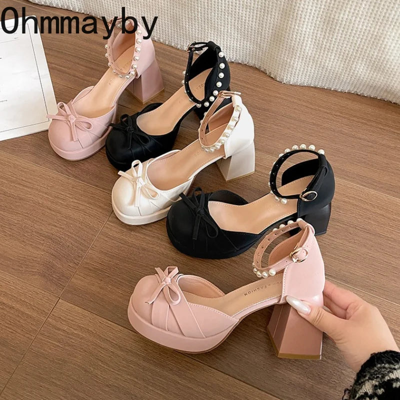 Women's Platform Mary Jane Pumps | Pearl Buckle Bow Heels Platform Mary Jane Pumps Axl