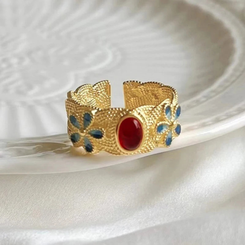 Huitan Gold Blue Flower Ring Red Stone – Women's Fashion Ring Fashion Ring Axl