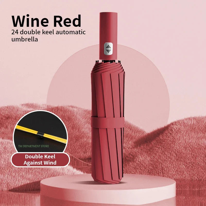 Windproof Auto 3-Fold Umbrella – 24 Rib Double Canopy UPF UV Travel Umbrella Axl 24 Ribs red 24K Iron