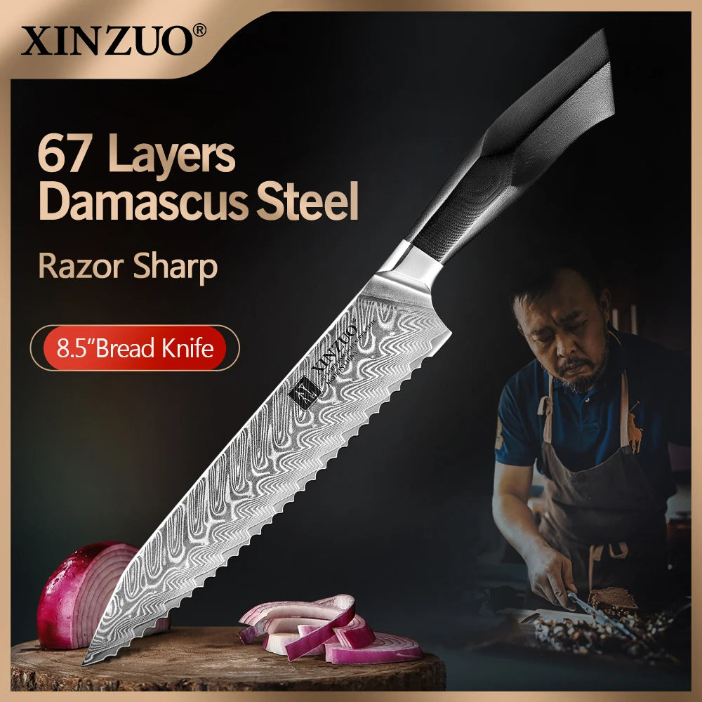 XINZUO 8.5" Damascus Steel Bread Knife – G10 Ergonomic Handle Damascus Bread Knife Axl Default Title