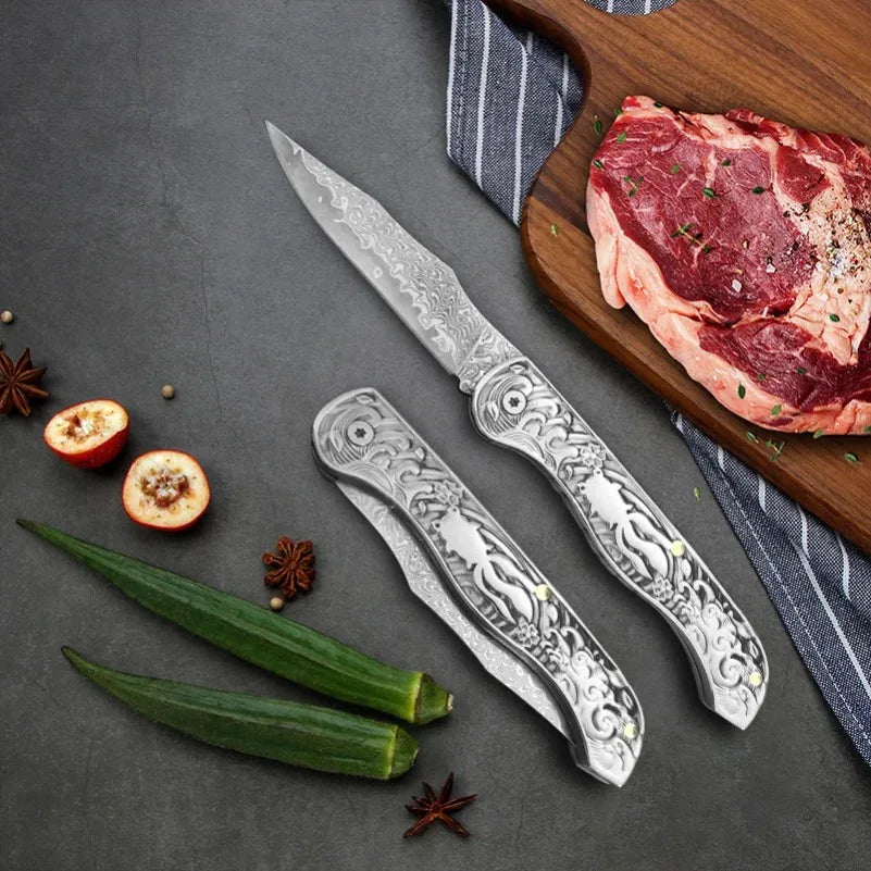 InLeung Damascus Steel Folding Kitchen Knife – 8" Multipurpose Folding Kitchen Knife Axl