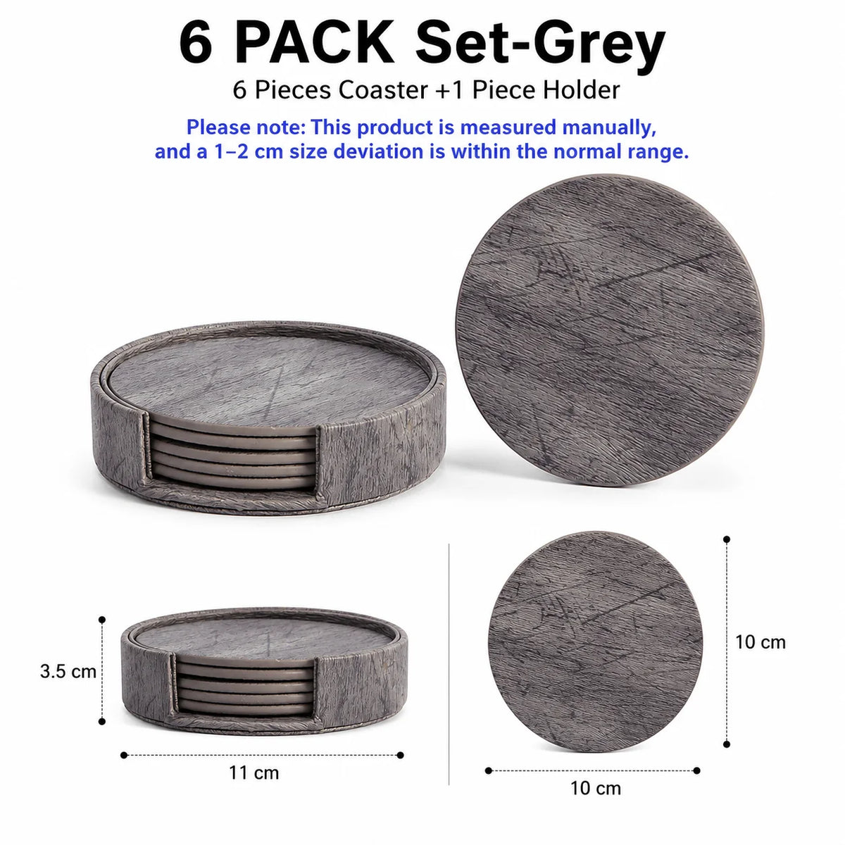 Leather Coasters Set of 6 – Wood Grain Drink Coasters with Holder Drink Coaster Set Axl 6 PACK Set-Grey