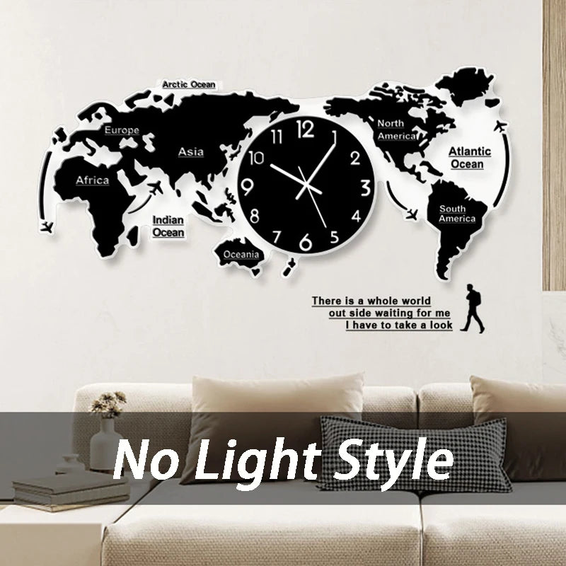 Large 3D World Map Wall Clock – Silent Modern Luxury Decor 3D Wall Clock Axl No Light Style 74X34CM