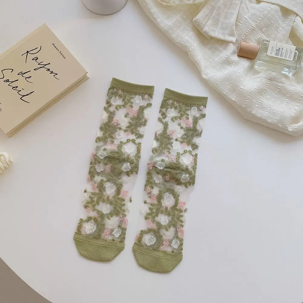 Korean Floral Mesh Tube Socks – Sheer Embroidery Women's Socks Floral Mesh Socks Axl green One Size