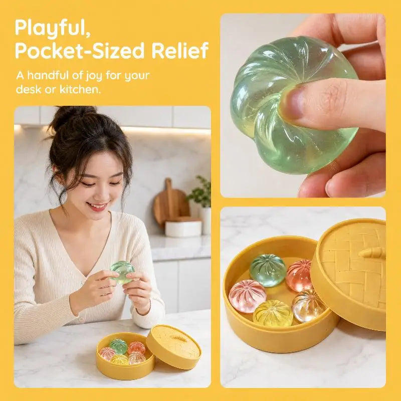 5-Piece Mini Dumpling Squishy Toys Set with Steamer Basket Squishy Fidget Toy Axl