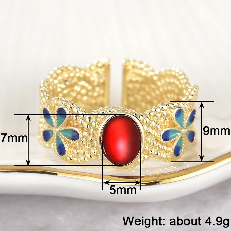 Huitan Gold Blue Flower Ring Red Stone – Women's Fashion Ring Fashion Ring Axl