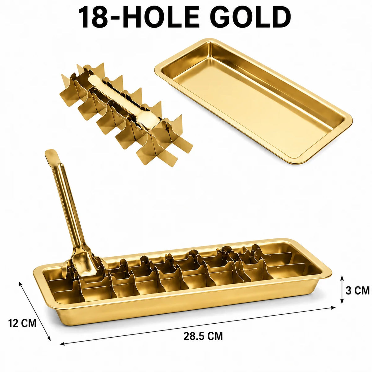 Stainless Steel Ice Cube Tray with Lever Release – 6 & 18 Cavity Ice Cube Tray Axl 18-Hole Gold