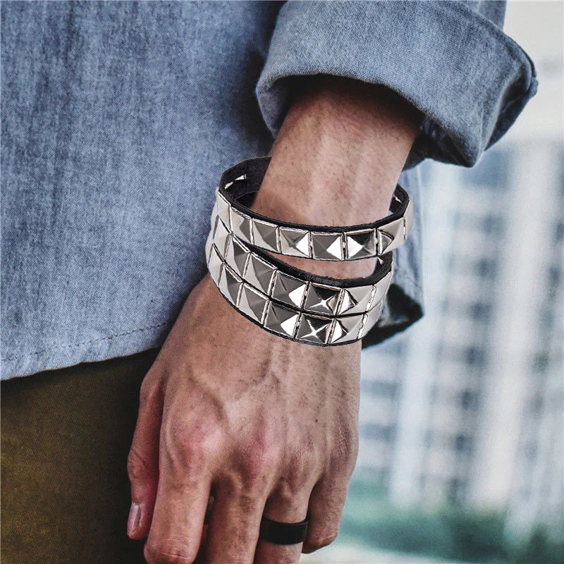 Rivet Stud Wide Cuff Punk Gothic Bracelet – Unisex PU Leather Cuff Bangle Bracelet Axl
