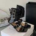 Women's Patent Leather High Heel Gladiator Sandals Square Toe High Heel Sandals Axl Black 38