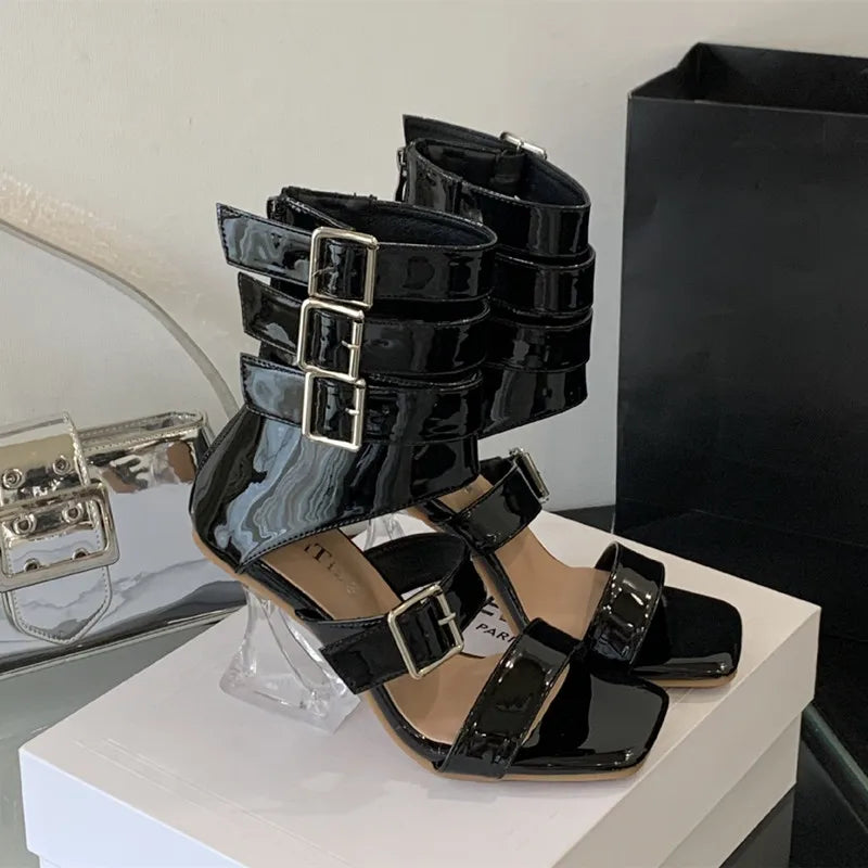 Women's Patent Leather High Heel Gladiator Sandals Square Toe High Heel Sandals Axl Black 38