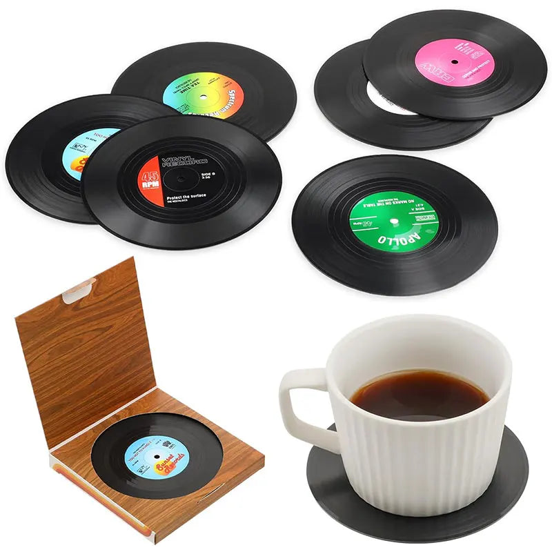 6-Piece Vinyl Record Coasters Set – Retro Non-Slip Drink Coasters Drink Coasters Set Axl