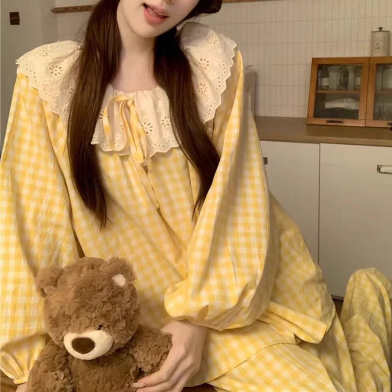 Women's Yellow Plaid Pajama Set – Long Sleeve Sleepwear Women's Pajama Set Axl