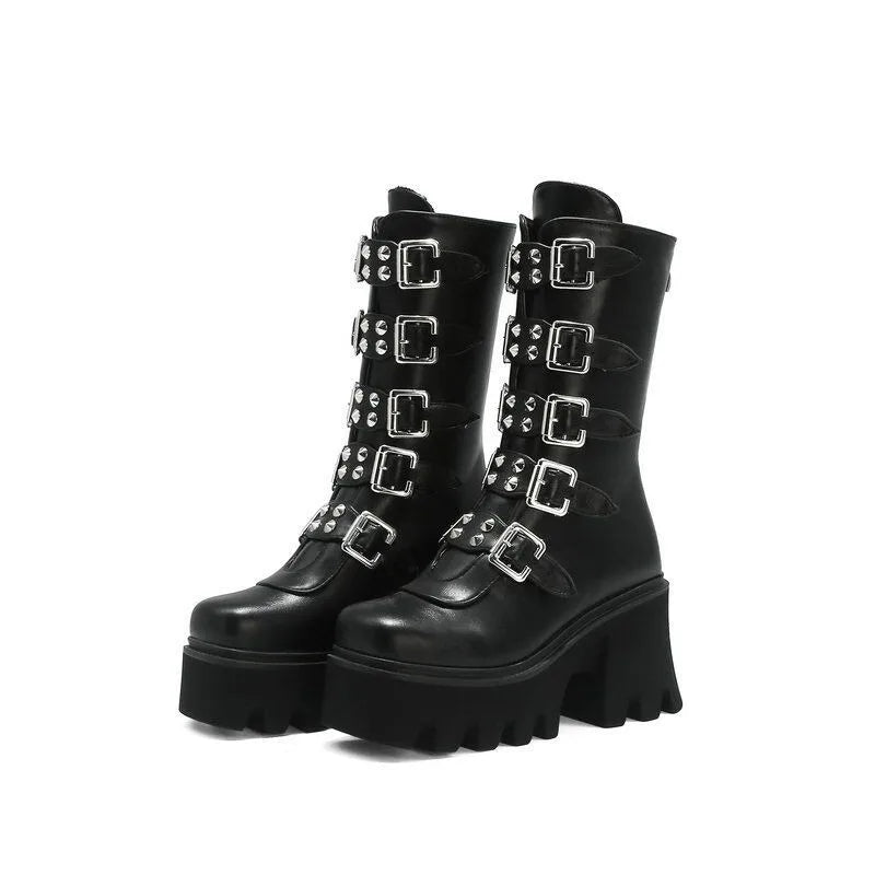 Women's Gothic Punk Knee-High Boots | Buckle PU Leather Knee-High Boots Axl