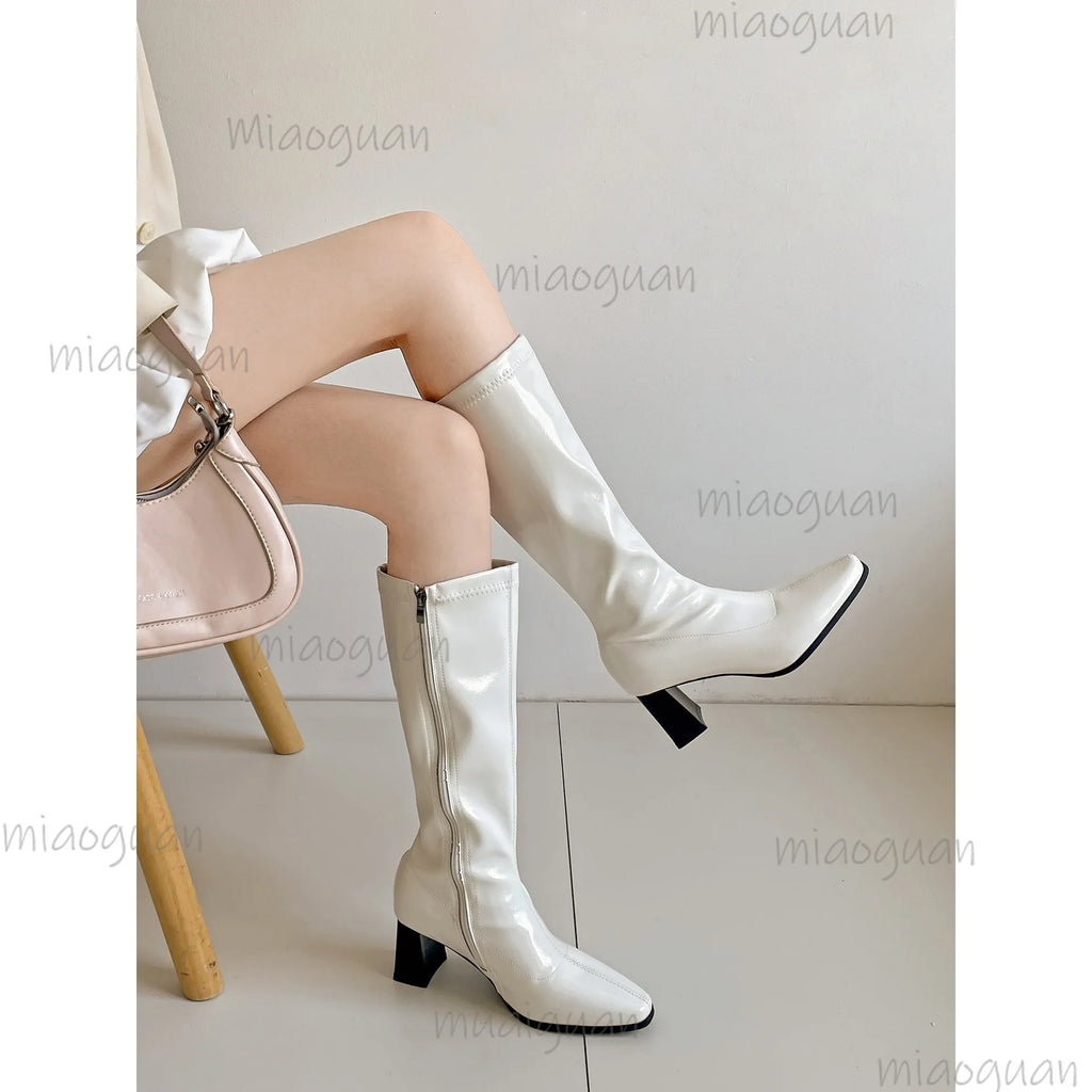 Women's Square Block Heel Mid-Calf Boots | Side Zip Mid-Calf Boots Axl