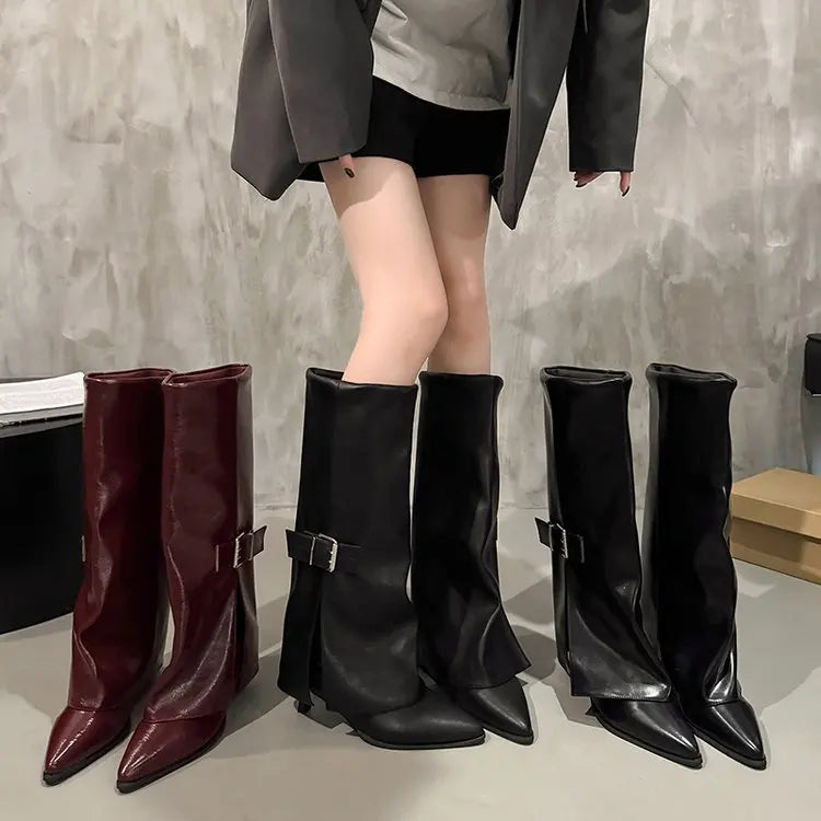 Women's Stiletto Pointed Toe Mid-Calf Boots – Retro Knight Style Stiletto Heeled Boots Axl