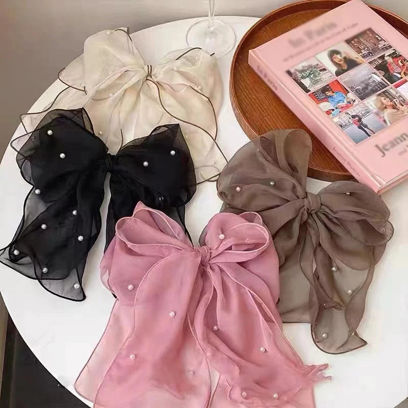 Pearl Bow Hair Clip – Elegant Chiffon Ribbon Barrette for Women Bow Hair Clip Axl