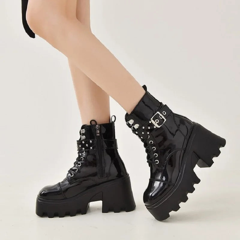 Women's Platform Gothic Ankle Boots – Buckle Chain Wedge Gothic Platform Boots Axl