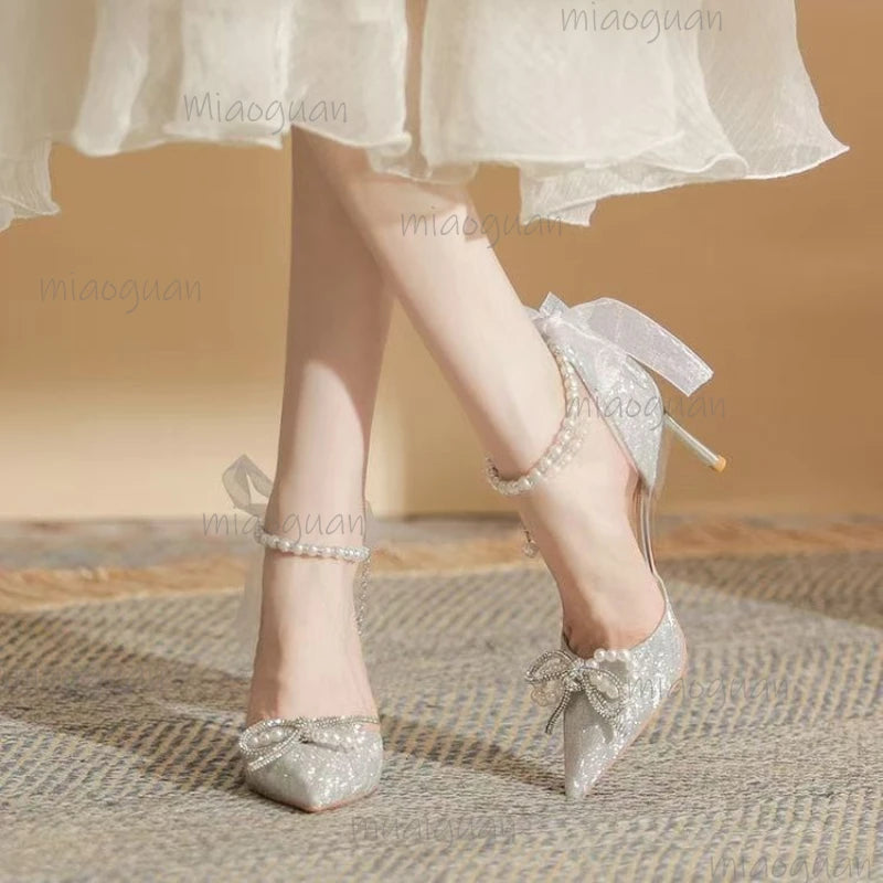 Bridal Wedding Heels – Crystal Bowknot Pearl Sandal Pumps Bridal Heeled Sandals Axl