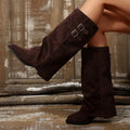 Retro Flannel Knee-High Boots – Buckle Flat Women's Boots Knee-High Boots Axl 39 brown