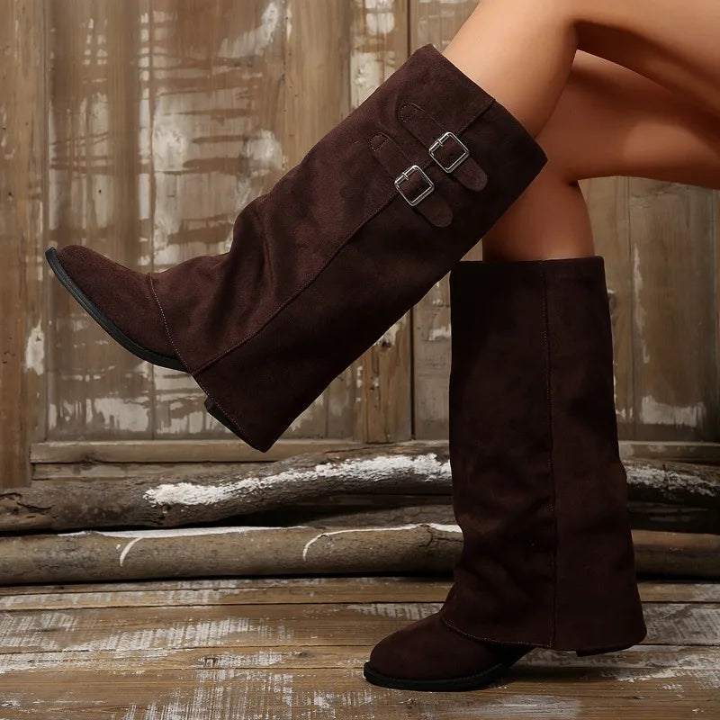 Retro Flannel Knee-High Boots – Buckle Flat Women's Boots Knee-High Boots Axl 39 brown