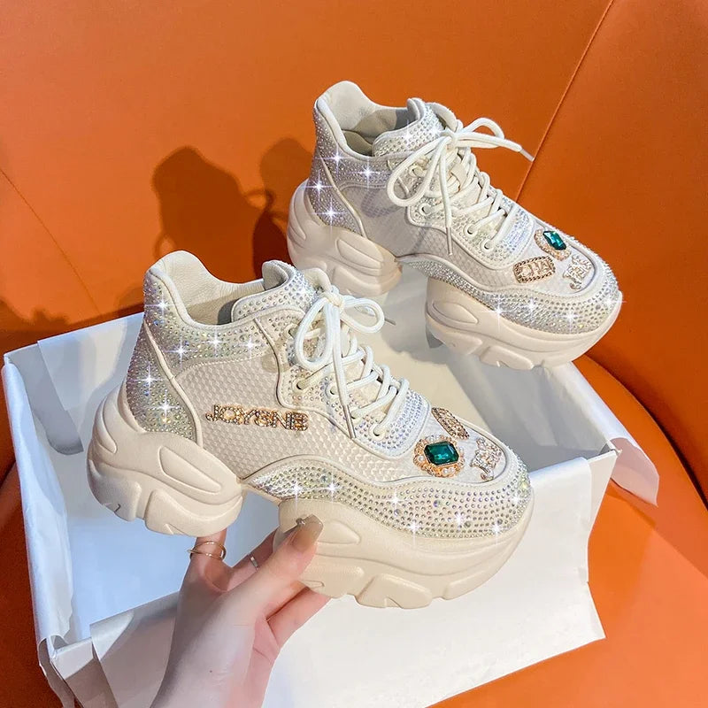 YEAE Rhinestone Platform Sneakers – Women's Luxury Casual Shoes Platform Sneakers Axl Beige 40