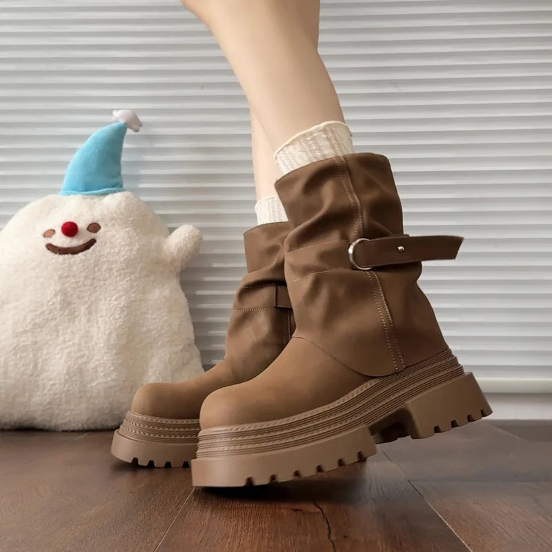 Women's Vintage Platform Knight Boots – Belt Buckle Zip Winter Women's Platform Boots Axl