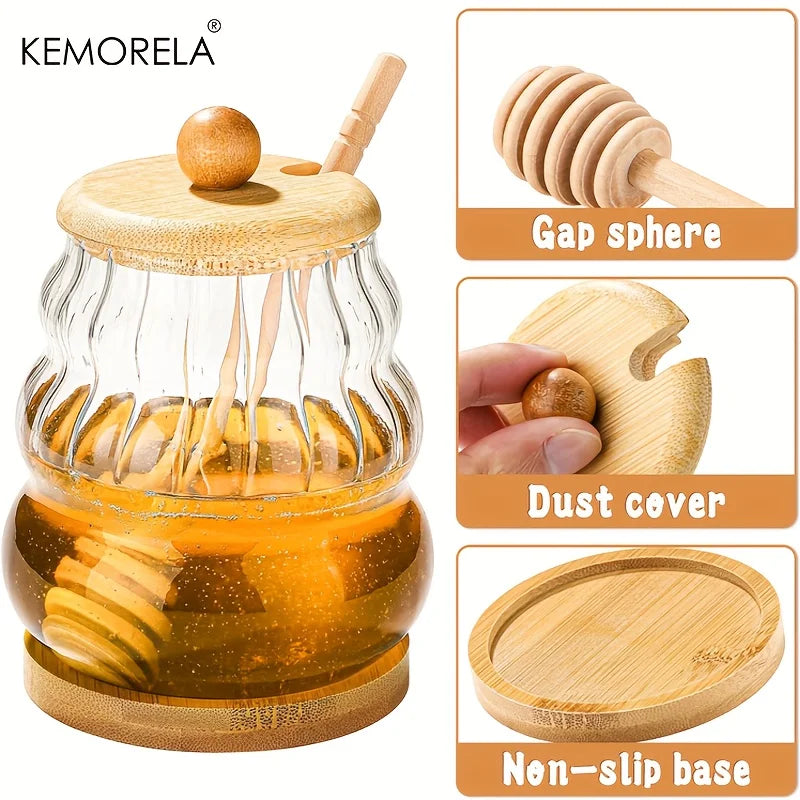 KEMORELA Glass Honey Jar with Wooden Spoon & Lid – 330/450ML Glass Honey Jar Axl
