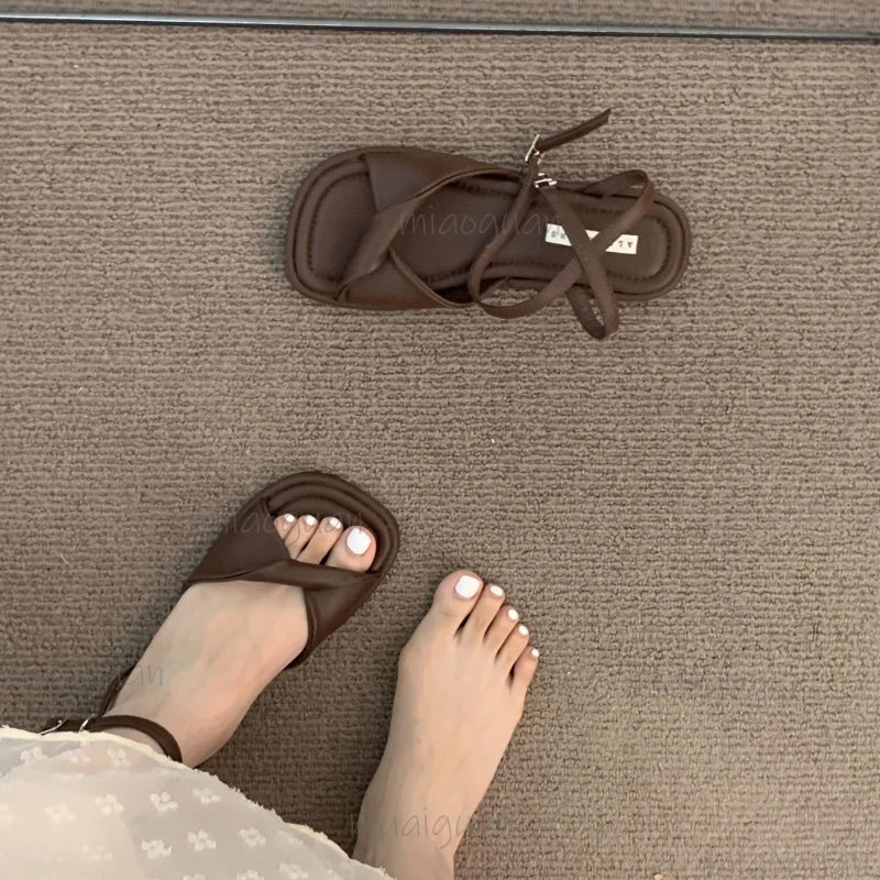 Women's Flat Roman Gladiator Sandals – Square Toe Beach Shoes Women's Flat Sandals Axl