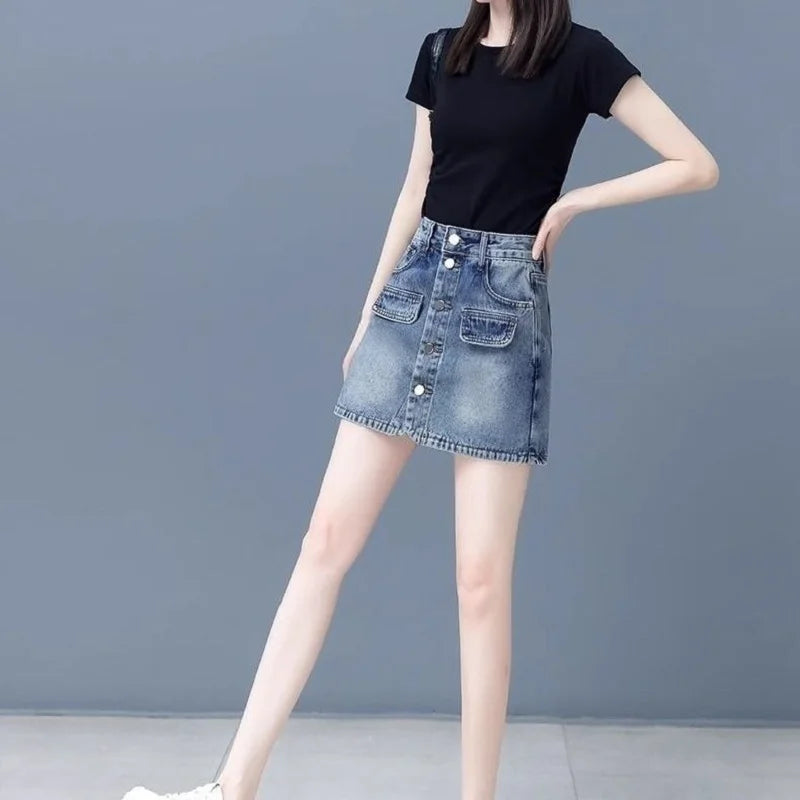 Women's Denim Mini Cargo Skirt – Button Fly A-Line with Pockets Denim Mini Skirt Axl