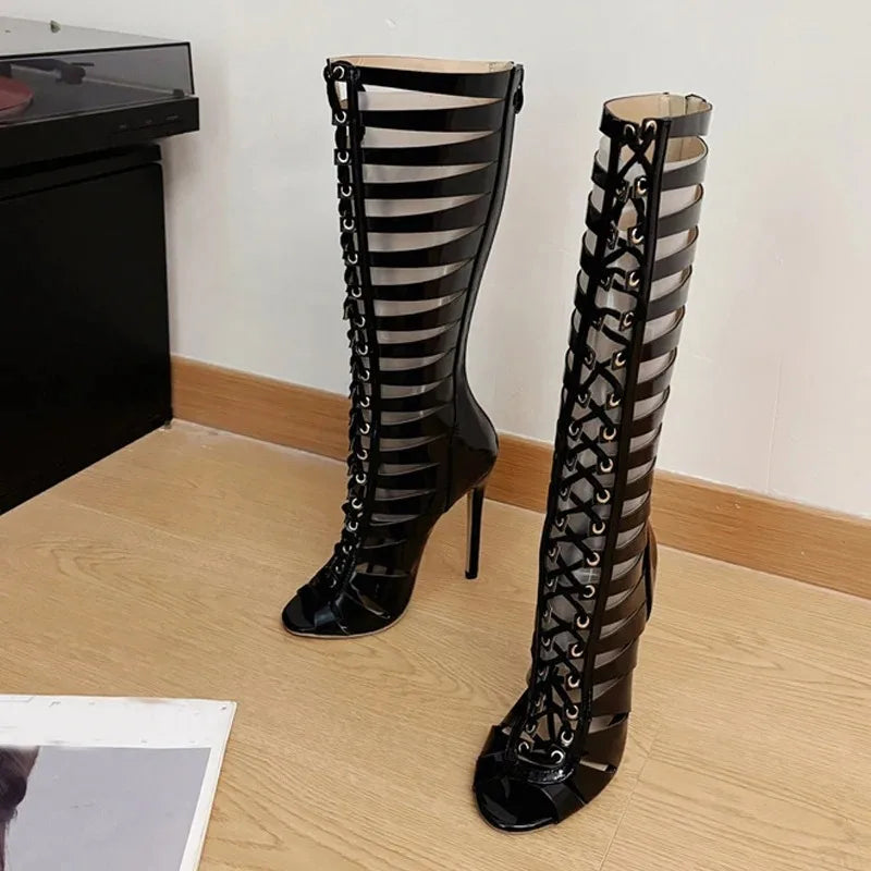 Women's Knee-High Heeled Boot Sandals – Hollow Cross Strap Heeled Boot Sandals Axl