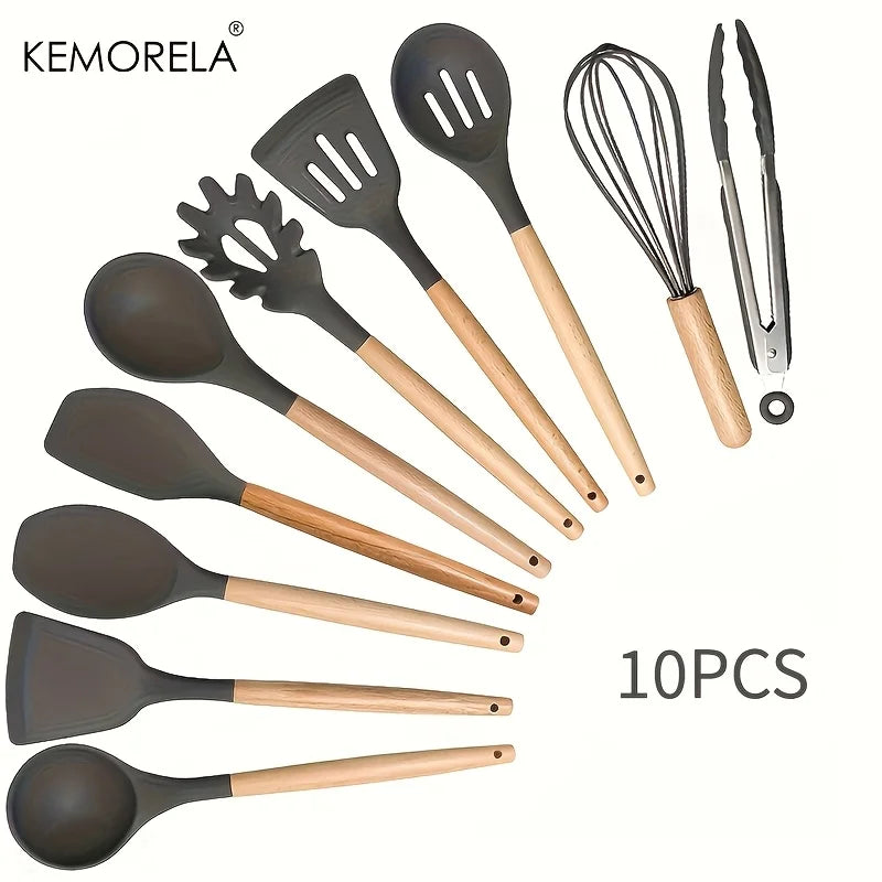 KEMORELA 10-Pc Silicone Cooking Utensils Set – Wood Handle Cooking Utensil Set Axl 10PCS Dark grey
