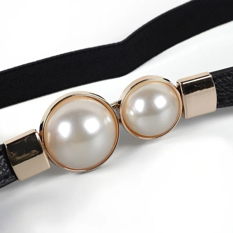 Pearl Buckle Elastic Waist Belt – PU Leather Women's Thin Belt Women's Waist Belt Axl