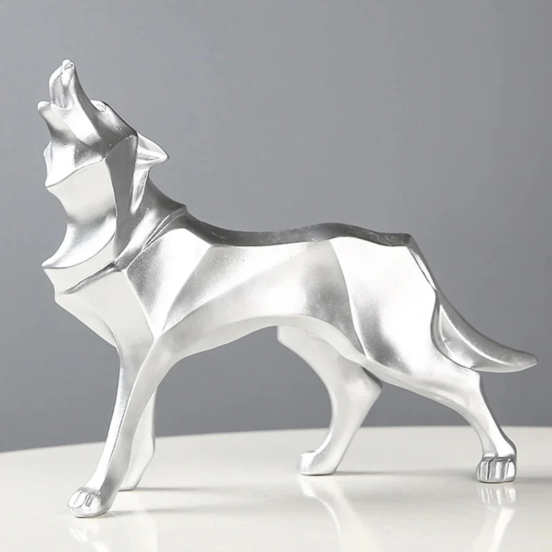 Modern Abstract Wolf Figurine – Geometric Resin Animal Statue Decorative Figurine Axl Silver