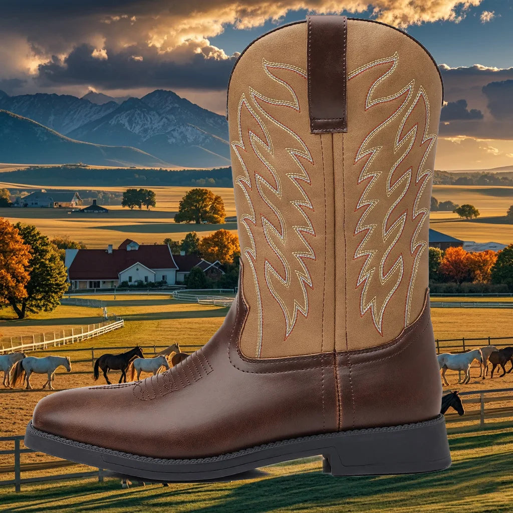 Men's Embroidered Cowboy Boots – Wide Toe High-Top Riding Men's Cowboy Boots Axl Coffee 48