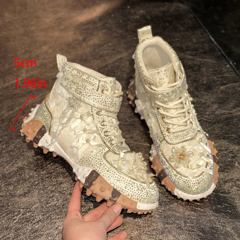 Women's Rhinestone Platform Sneakers | Thick Sole Mesh Shoes Platform Sneakers Axl WHITE 37