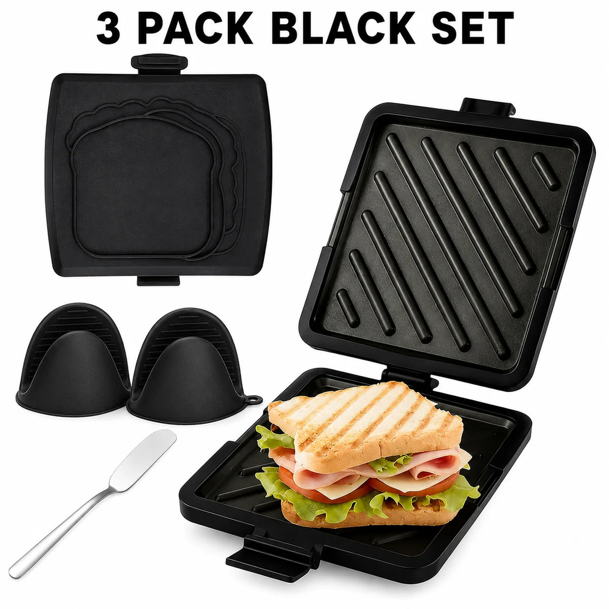 Microwave Sandwich Maker & Toastie Grill Pan with Silicone Mitts Microwave Grill Pan Axl 3 Pack Set Black