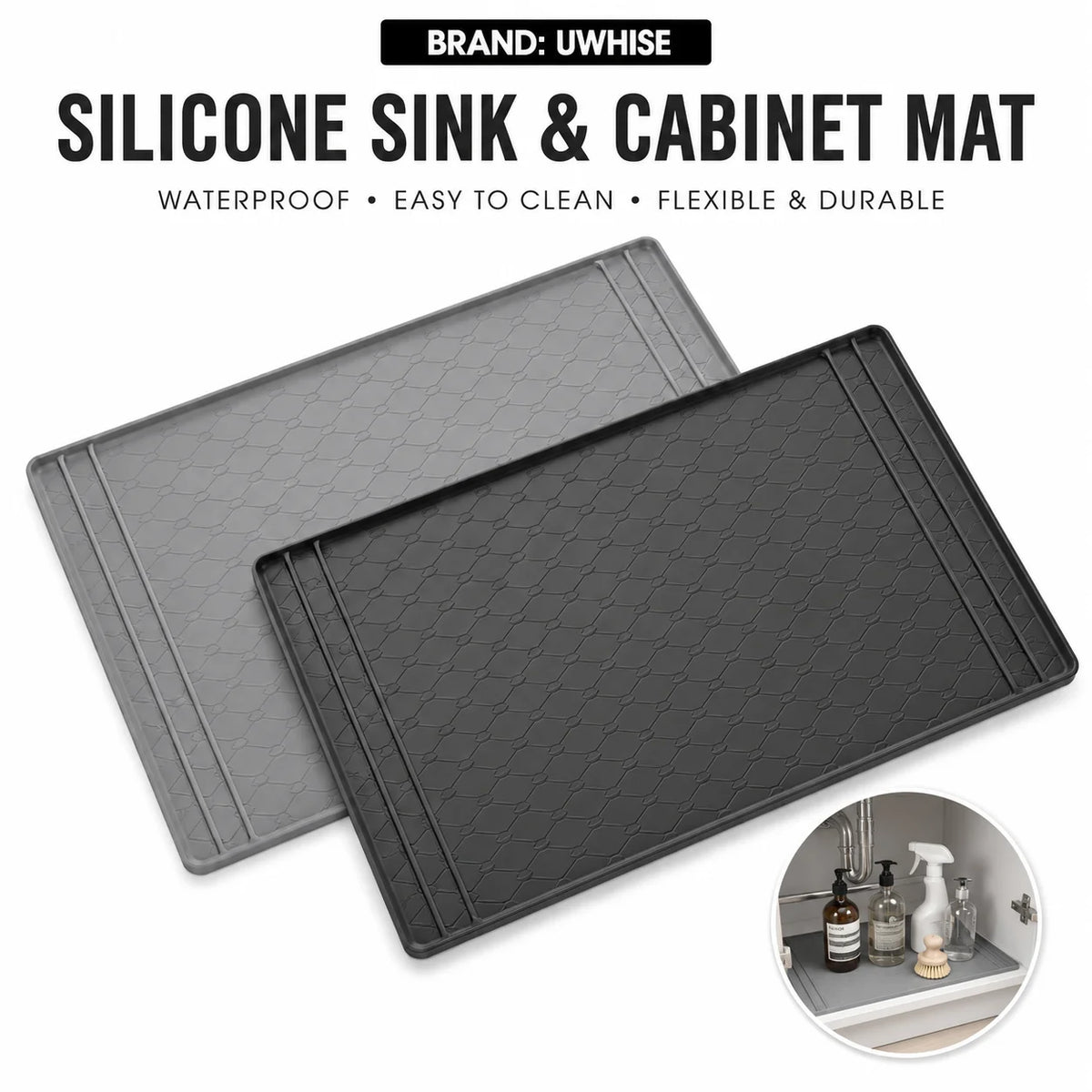 Uwhise 34x22in Under Sink Mat – Waterproof Silicone Tray Under Sink Mat Axl
