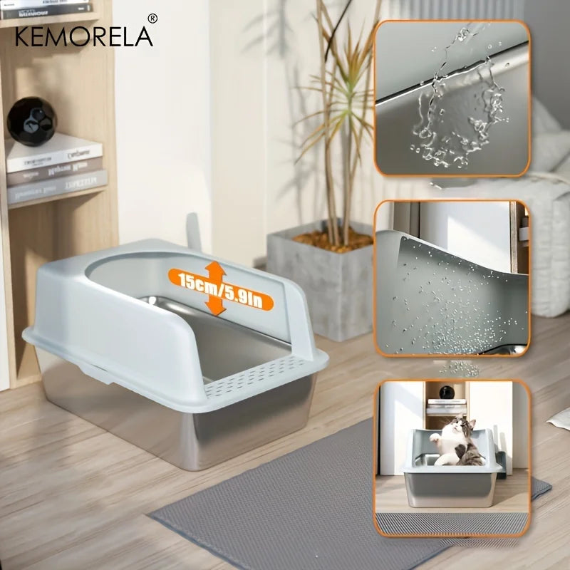 KEMORELA XL Stainless Steel Cat Litter Box with Lid – 60×50cm Cat Litter Box Axl